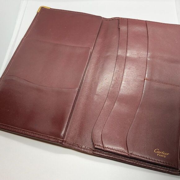 Must De Cartier Bordeaux Burgundy Red & Gold Leather Wallet Checkbook Holder - Picture 8 of 9
